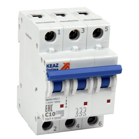 Выключатель автоматический модульный 3п B 63А 10кА OptiDin BM63-3B63-10-УХЛ3 КЭАЗ 262767