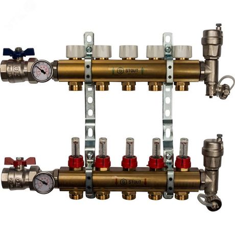 Коллекторная группа латунная 1' на 5 выходов со встроенными расходомерами - SMB 0473 000005 STOUT RG008P0SN2S2FJ