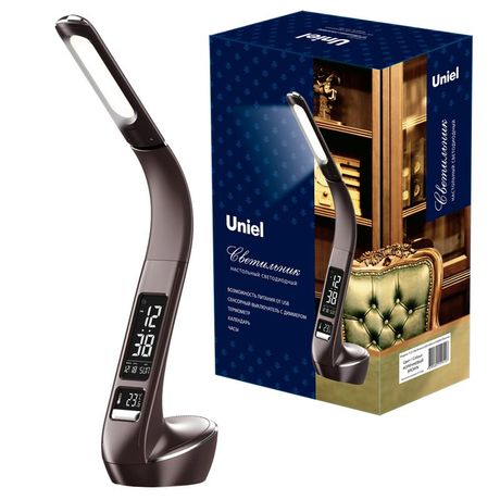 Светильник настольный TLD-566 Brown/LED/300Lm/4500K/Dimmer c часами, календарем, термометром, 6W. Сенсорный выключатель. Коричневый (стилизован под кожу). TM - UL-00006769 Uniel