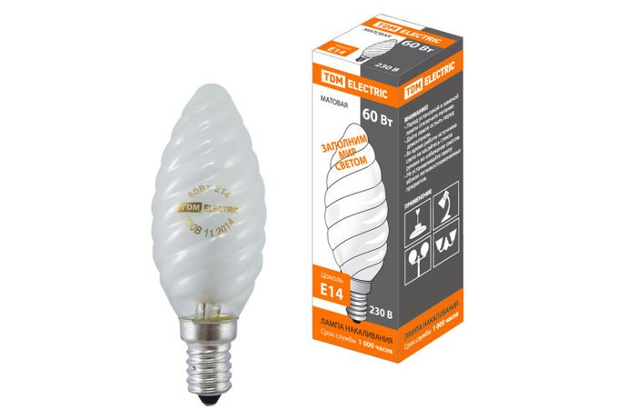 Лампа накаливания ЛОН 60Вт E14 230В свеча витая матовая | SQ0332-0022 TDM