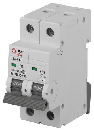 Автоматический выключатель PRO VA63-2P04D4.5 ВА47-63 2P 4А кривая D 4,5кА | Б0059458 ЭРА