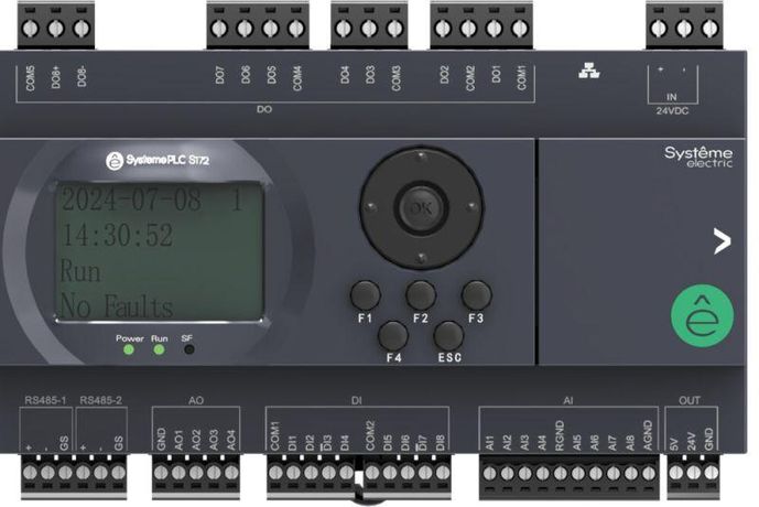 Контроллер логический программируемый S172, 24 VDC, дисплей, до 7 модулей расширения, 28 IO: 8 дискретных входов, выходов (транзистор), аналоговых входов (NTC10K, PT1000, PT100, 0-10 V, 4-20 mA), 4 выхода (0-10 2xRS485, 1xRJ45, 1xUSB (Type C), A) - SM172PS11BDT APC