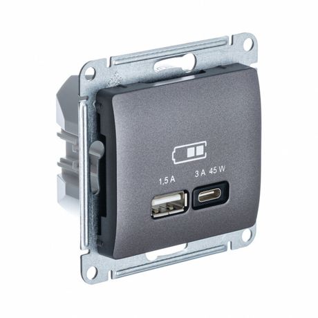 Розетка USB Glossa тип A+C 45Вт QC PD высокоскор. ЗУ механизм графит SE GSL001329 APC