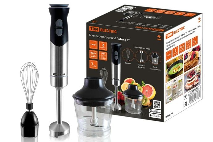 Блендер погружной "Микс 3", 700 Вт, нерж. сталь, 2 скор., венчик, чаша - измельчитель, | SQ4007-0003 TDM