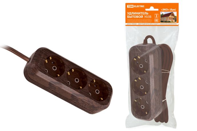 Удлинитель бытовой У03 3 гнезда, 3метра,2П+3, ПВС 3х1мм2 "Эко" (бук) 16А/250В | SQ1303-3001 TDM