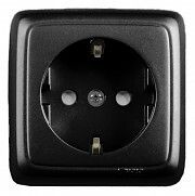 Розетка открытой установки, одноместная, с заземляющим контактом, со шторкой, изолирующй пластиной, цвет черный | РА16-114-08 HEGEL