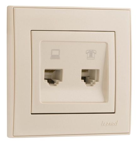 Розетка компьютерная + телефонная 2-м СП Rain RJ45 RJ11 жемчуж./бел. перламутр. LEZARD 703-3030-143