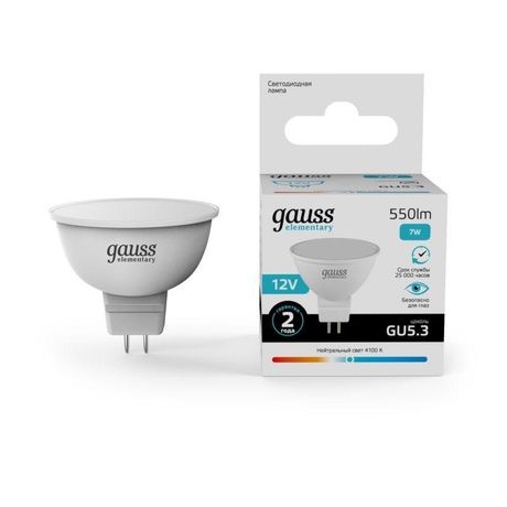 Лампа светодиодная LED 7 Вт 530 лм 4100К DC12В GU5.3 софит MR16 нейтральный Низковольтная Elementary Gauss - 11527