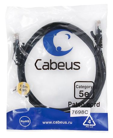 Патч-корд PC-UTP-RJ45-Cat.5e-1.5m-BK U/UTP, категория 5е, 2xRJ45/8p8c, неэкранированный, черный, PVC, 1.5м - 7698c Cabeus