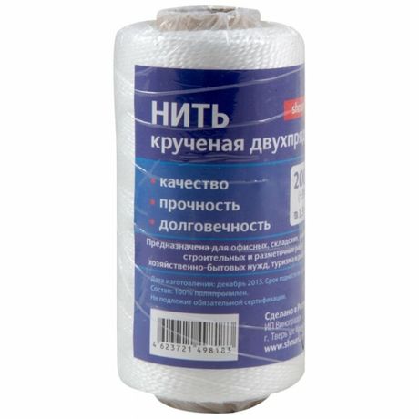 Нить крученая ПП 1,3 мм двухпрядная, белая, 200 м | 139903 Tech-KREP