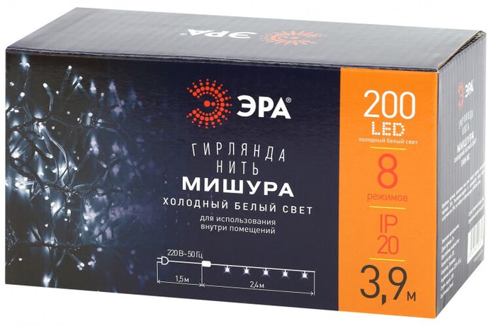 Гирлянда светодиодная Мишура 3,9 м белый провод, холодный свет, ENIN - WC 220V IP20 (24/576) | Б0047971 ЭРА