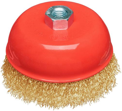 Корщетка-чашка гайка М14 стальная латунированная волнистая проволока 125мм блистер КУРС 39094