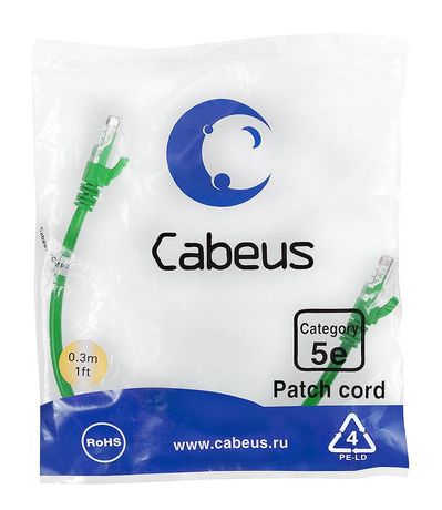 Патч-корд PC-UTP-RJ45-Cat.5e-0.3m-GN U/UTP, категория 5е, 2xRJ45/8p8c, неэкранированный, зеленый, PVC, 0.3м - 7659c Cabeus