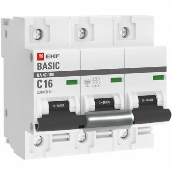 Автоматический выключатель 3P 16А (C) 10kA ВА 47-100 EKF Basic | mcb47100-3-16C-bas