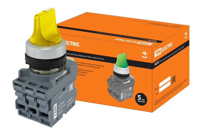 Переключатель на 3 положения с фиксацией M3SS1-21Y короткая ручка(LED) d22мм/220B 1з+1р желтый | SQ0747-0076 TDM