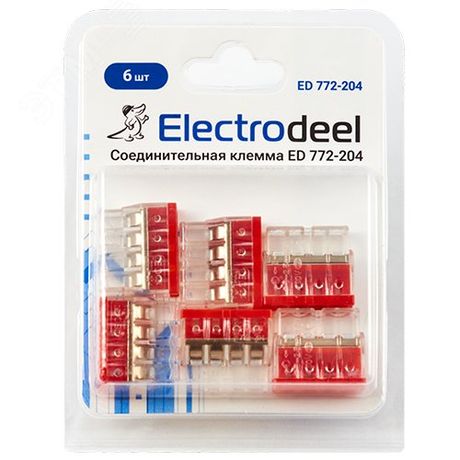 Клемма соединительная 4-контактная (6шт) Elеctrodeel. Диапазон сечений 0,5-2,5 мм2. Номинальный ток/напряжение: 24А/450В. Упаковка: блистер. - ED 772-204-b6 ELECTRODEEL