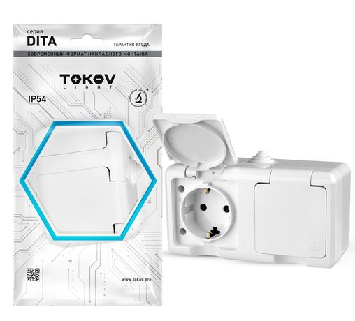 Розетка 2-м ОП Dita 16А IP54 250В с заземл. крышкой бел. TOKOV ELECTRIC TKL-DT-R2Z-C01-IP54