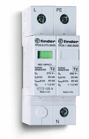 Устройство защиты от импульсных перенапряжений УЗИП тип 2 (1 варистор + 1 искровый разрядник); модульный, ширина 35мм; степень IP20 FINDER 7P2282751020 7P.22.8.275.1020