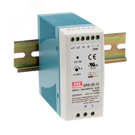 Блок питания AC-DC, 40.1Вт, на DIN рейку, вход 90-264В AC, 47-63Гц, 127-370В DC, выход 12В,3.34А, регулировка 12-15В, димминг 3 в 1, кожухе - DRA-40-12 Mean well Т02280812