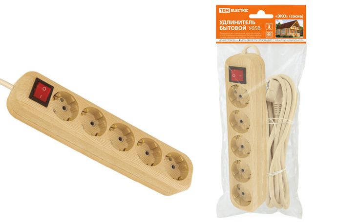 Удлинитель бытовой У05В выключатель, 5 гнезд, 3метра,2П+3, ПВС 3х1мм2 "Эко" (сосна) 16А/250В | SQ1303-2121 TDM