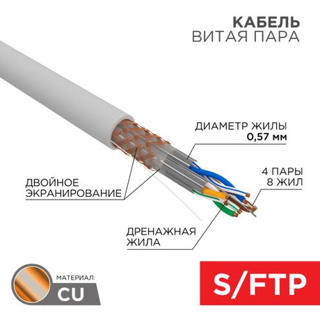 Кабель витая пара, S/FTP, CAT 6A, ZH нг(А)-HF, 4х2х0,575мм, 23AWG, INDOOR, SOLID, серый, 305м REXANT PRO | 02-0325 MEET