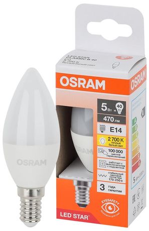 Лампа светодиодная LED Star 5Вт 2700К тепл. бел. E14 470лм B угол пучка 200град. 170-250В (замена 40Вт) матов. пластик OSRAM 4058075695986