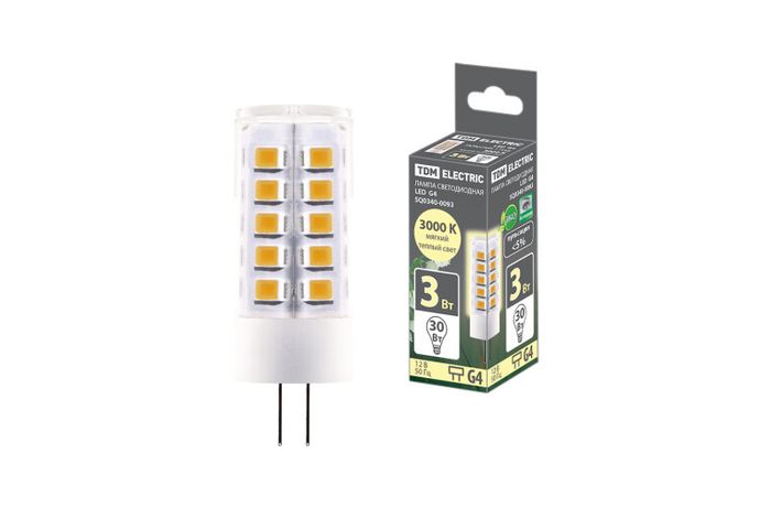Лампа светодиодная G4-3 Вт-AC/DC 12 В-3000 К, SMD, 16x43 мм | SQ0340-0093 TDM