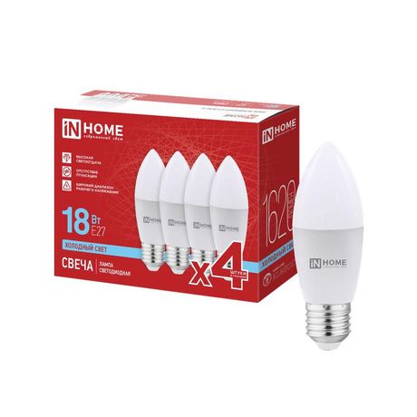 Лампа светодиодная LED-СВЕЧА-VC 4PACK 18Вт свеча 6500К E27 1620лм 230В (уп.4шт) IN HOME 4690612066752 IN HOME арт. 4690612066752