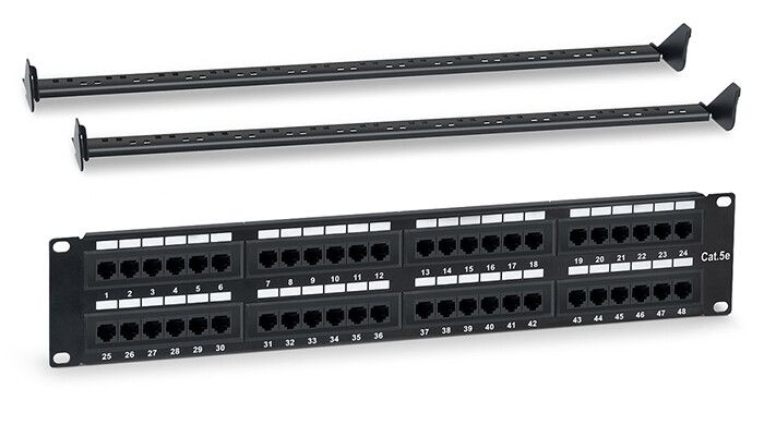 Патч-панель 19'''' (2U) 48 портов RJ-45 категория 5e Dual IDC с задним кабельным организатором цвет черный WRline '''' - WR-PL-48-C5E-D 505209
