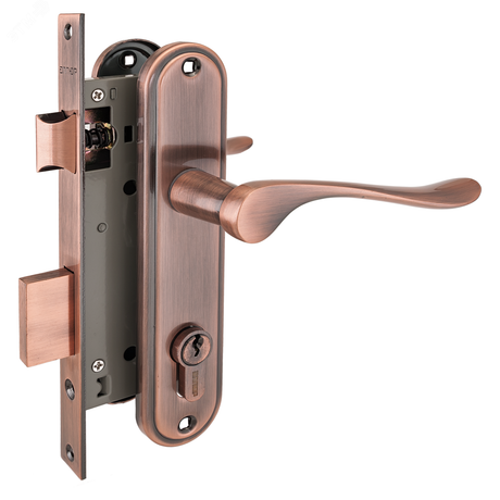Замок врезной цилиндровый с ручками для деревянных дверей АЛЛЮР 127/1 AC старая медь - 1079 ПТК