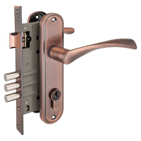 Замок врезной цилиндровый с ручками для деревянных дверей АЛЛЮР 103/3 AС старая медь - 5960 ПТК