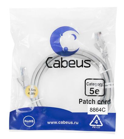Патч-корд PC-UTP-RJ45-Cat.5e-1.5m-LSZH U/UTP, категория 5е, 2xRJ45/8p8c, неэкранированный, серый, LSZH, 1.5м - 8864c Cabeus