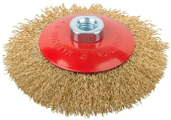 Кордщетка-колесо с наклоном, гайка М14, стальная волнистая латунированная проволока 125 мм - 39052 РОС
