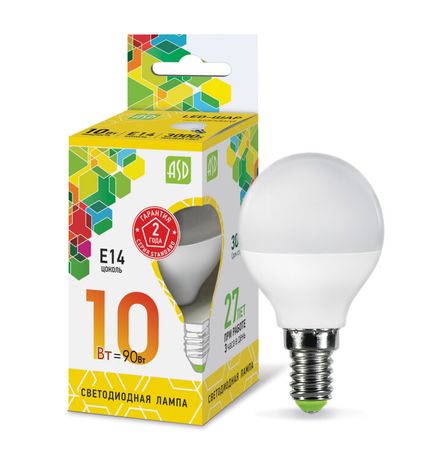 Лампа светодиодная LED-ШАР-standard 10Вт 230В Е14 3000К 900Лм | 4690612015446 ASD