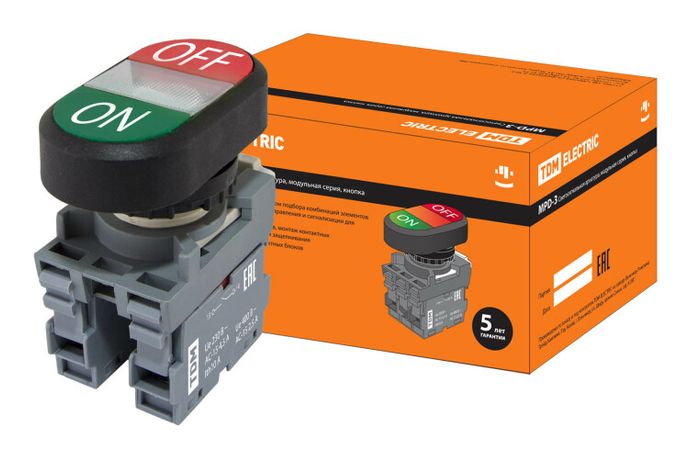 Кнопка двойная MPD3-11С (зеленая/красная) (LED) в сборе d22мм/24В (ON/OFF) линза прозрачная | SQ0747-0065 TDM