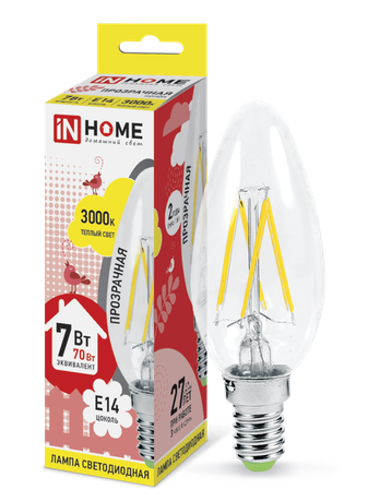 Лампа светодиодная LED-СВЕЧА-deco 7Вт свеча прозрачная 3000К тепл. бел. E14 810лм 230В IN HOME 4690612007601