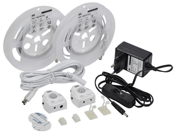 Комплект светодиодной подсветки "Сделай сам" DIY (лента LED 2х1.2м LSR-2835WW60-4.8-IP20-12В + драйвер 2 датчика движения) IEK 2LSR1-1-060-20-1-2XD12-S3
