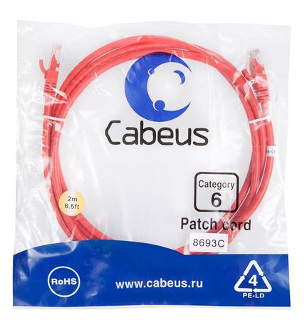 Патч-корд PC-UTP-RJ45-Cat.6-2m-RD U/UTP, категория 6, 2xRJ45/8p8c, неэкранированный, красный, PVC, 2м - 8693c Cabeus