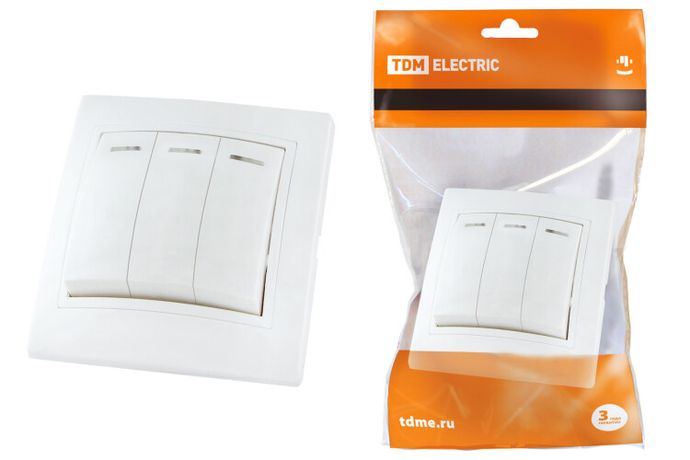 Выключатель трехклавишный с подсветкой 10А белый ''Таймыр'' - SQ1814-0006 TDM