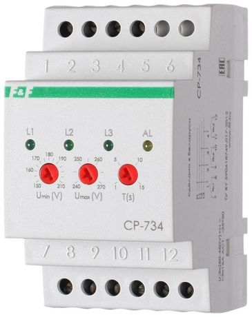 Реле напряжения CP-734 (трехфазное; контроль нижнего (150-210В) и верхнего (240-270В) порога напряжения; отдельный контакт на каждую фазу; монтаж DIN-рейке 35мм 3х400/230 N 3х8А 3х1R IP20) F&F EA04.009.007 Евроавтоматика