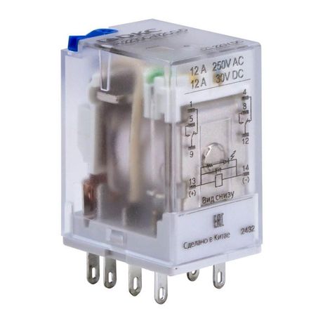 Реле миниатюрное промышленное общего назначения, 2CO, ком. ток 12А, AgSnO , напряжение 12V DC, опция: тест-кнопка+светодиод+защитный диод - IR-12DC-W2CO-D ДКС