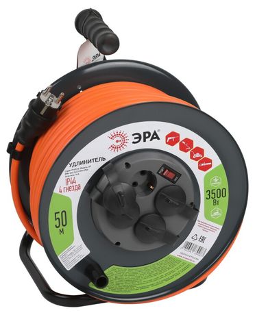 Удлинитель силовой ЭРА RMx-4es-3x2.5-50m-IP44 на метал катушке с з/к выключателем 4 розетки 50м ПВС | Б0052922
