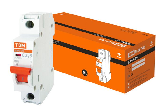 Выключатель автоматический ВА47-29 однополюсный 2,5А 4,5кА характеристика С - SQ0206-0083 TDM