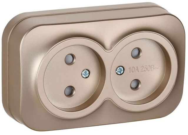 Розетка 2-м ОП GLORY РСш22-2-ХШм 10А без заземл. защ. шторки шампань матов. IEK ERH23-K37M-10