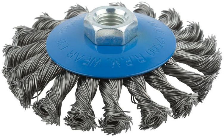 Корщетка тип "колесо" с наклоном гайка М14 стальная витая проволока 100мм MOS 38936М