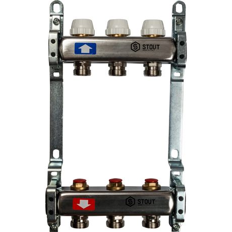 Блок коллекторный с ручными регулировочными клапанами 1' х 3 выходов 3/4' НР евроконус - SMS 0922 000003 STOUT RG008P0S9PDQMS