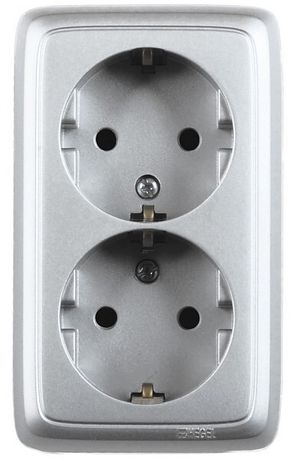 Розетка двойная наружная с заземлением изоляционной пластиной серебро - РА16-153-06 HEGEL