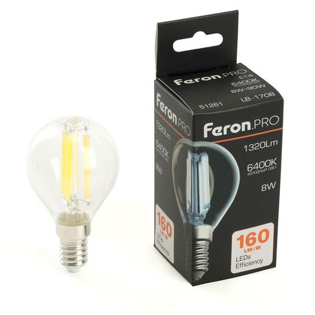 Лампа светодиодная LED 8вт Е14 дневной шар FILAMENT Feron.PRO - LB-1708 51261