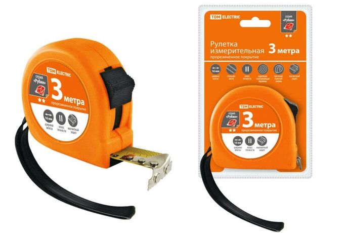 Рулетка длина 3 м стальная лента ширина 16 мм прорезиненное покрытие магнит "Рубин" | SQ1018-0105 TDM