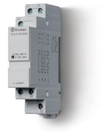 Контрольное реле для 3-фазных сетей; обрыв/чередование фаз, фиксированные регулировки; выход 1CO 6А; модульное, ширина 17.5мм | 706184000000T Finder 70.61.8.400.0000T